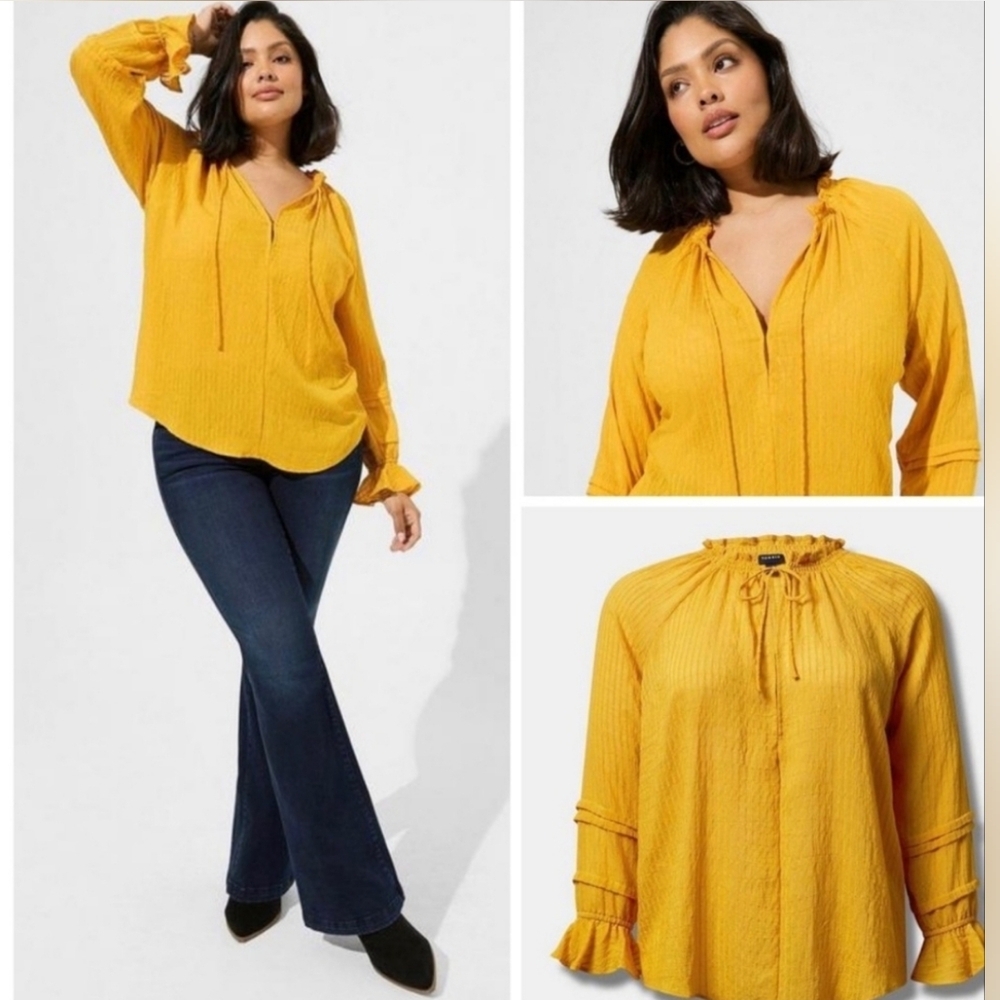 Torrid Yellow Stripe Gauze Front Tie Lace-Up Peasant Blouse Size 4X